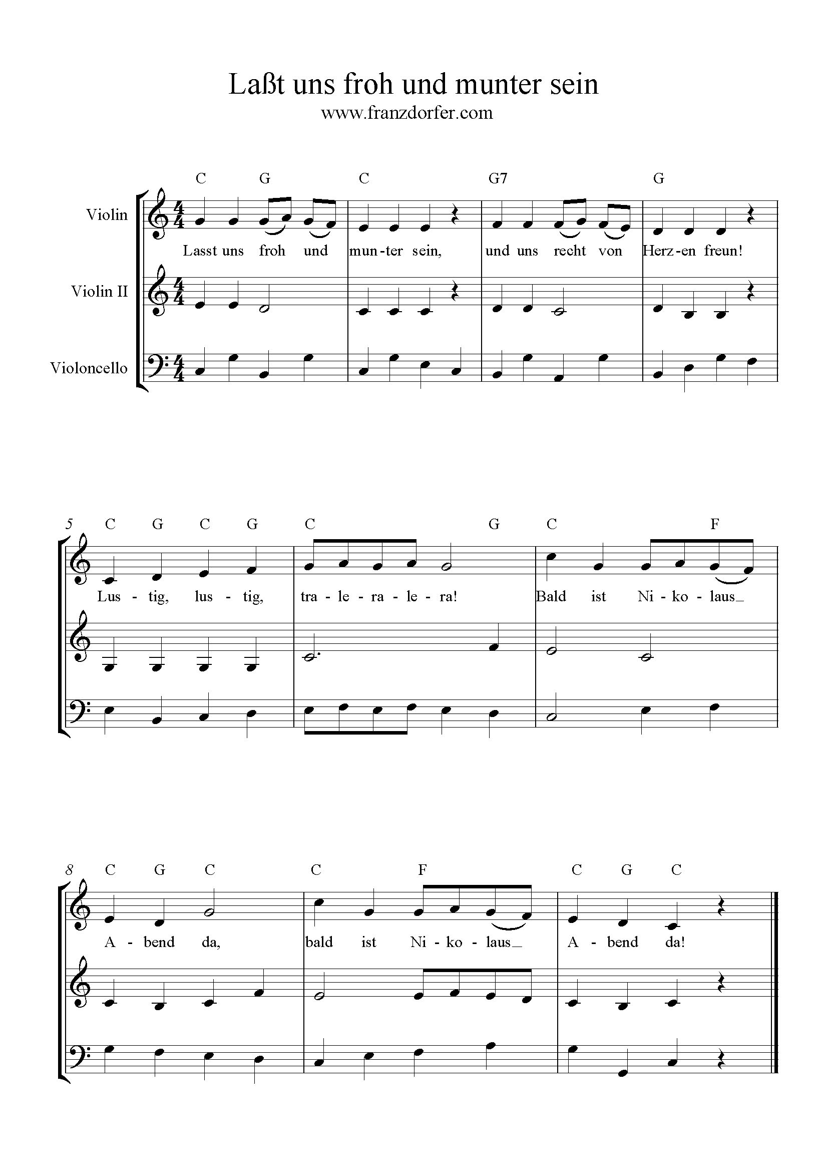 Lasst uns froh und munter sein, für Streich trio